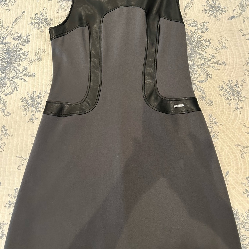 Fitelle of Paris dark gray dress with black “leather-like” trim. Made in France.